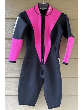Oceanic Women's Neoprene Rubber Zip Face Back Laminated Black Pink Wetsuit Sz S